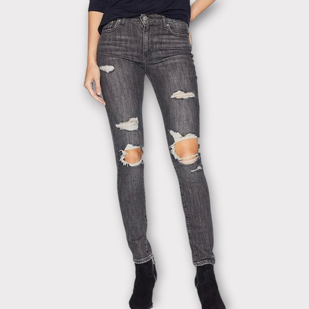 Levi's 721 gray high rise skinny jeans 26 stretch denim distressed destroyed EUC